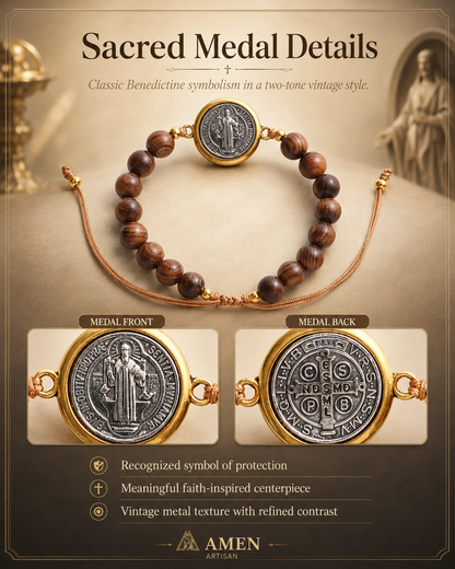 Wooden Beads Saint Benedict Medal Adjustable Bracelet Amen Artisan