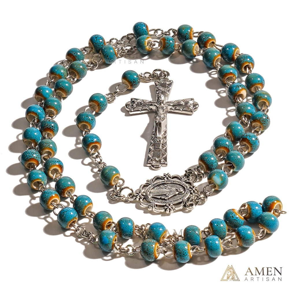Turquoise Speckled Ceramic Beads Rosary Amen Artisan