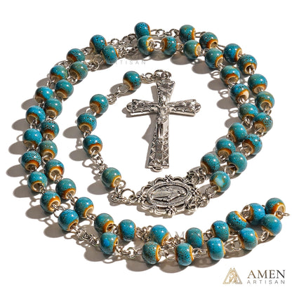 Turquoise Speckled Ceramic Beads Rosary Amen Artisan