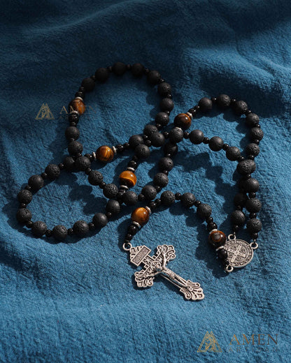 Natural Lava Stone & Tiger’s Eye Prayer Beads with Vintage-Style Crucifix |  Amen Artisan