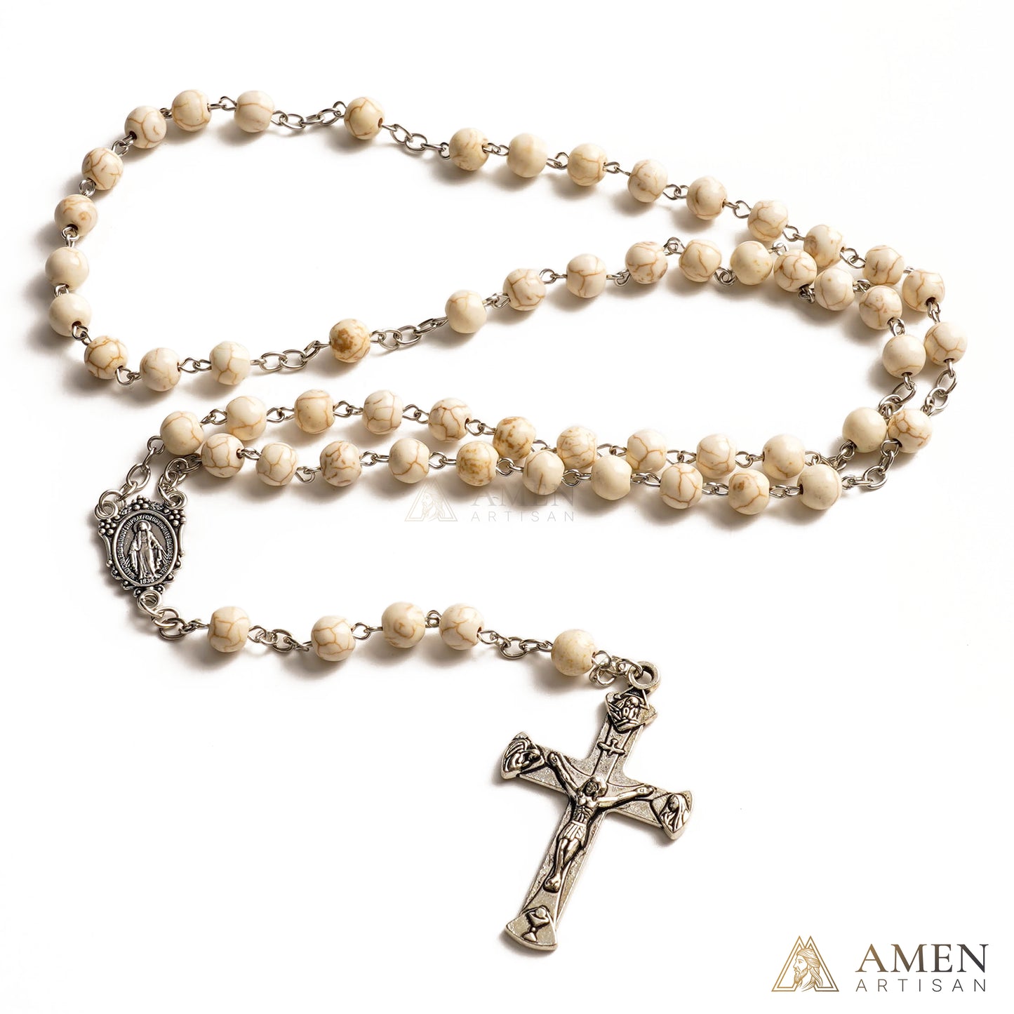 White Turquoise Miraculous Medal Rosary Amen Artisan