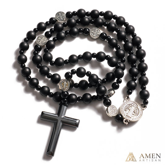 Black Agate St. Benedict Medal Prayer Beads Amen Artisan