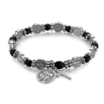 Hematite Beads Saint Benedict Medal Cross Elastic Cord Bracelet Amen Artisan