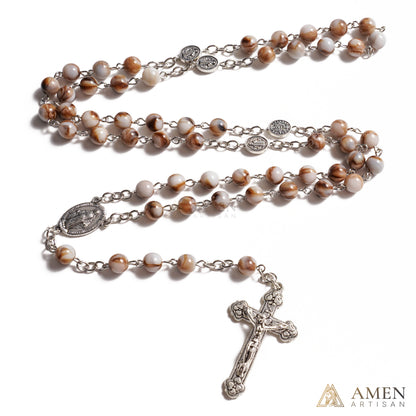 【Deal Today】Vintage Earth Tone Marble Catholic Rosary – Prayer Beads with Crucifix & Marian Medal