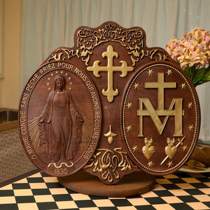 Miracle Medal Wood Carving Amen Artisan