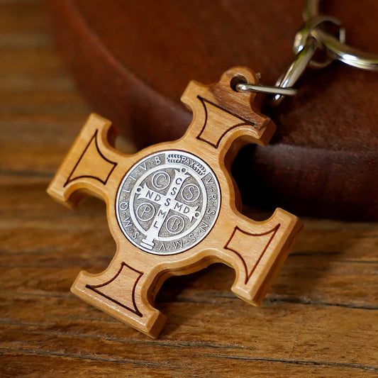 Olive Wood Saint Benedict Medal Keychain Amen Artisan
