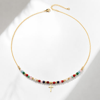 Colorful Beaded Cross Necklace with Natural Stone Details