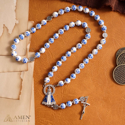 【Limited-Time 50% off】Blue Floral Ceramic Rosary with Marian Pendant and St. Benedict Medals — Grace and Peace | Amen Artisan