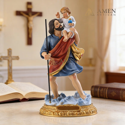 Saint Christopher & Child Jesus Hand-Painted Religious Statue Amen Artisan