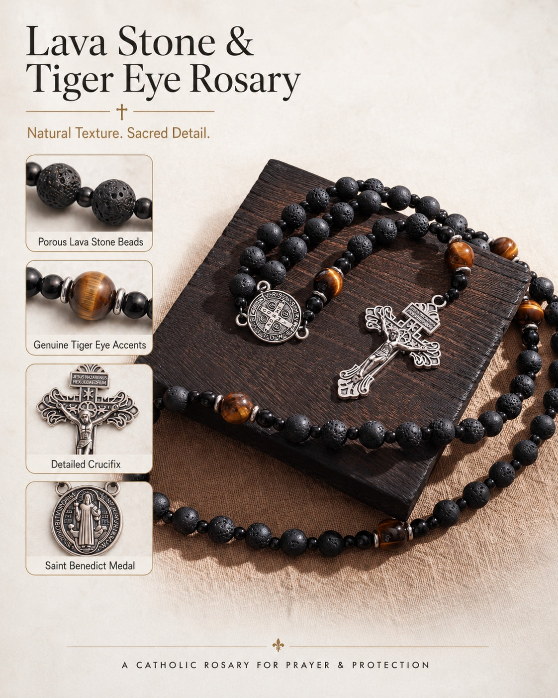 Natural Lava Stone & Tiger’s Eye Prayer Beads with Vintage-Style Crucifix |  Amen Artisan