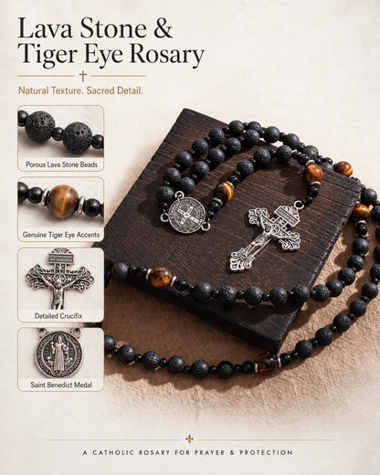 Natural Lava Stone & Tiger’s Eye Prayer Beads with Vintage-Style Crucifix |  Amen Artisan