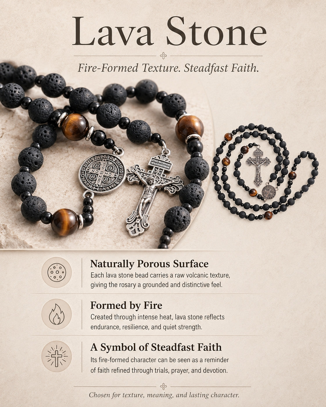 Natural Lava Stone & Tiger’s Eye Prayer Beads with Vintage-Style Crucifix |  Amen Artisan