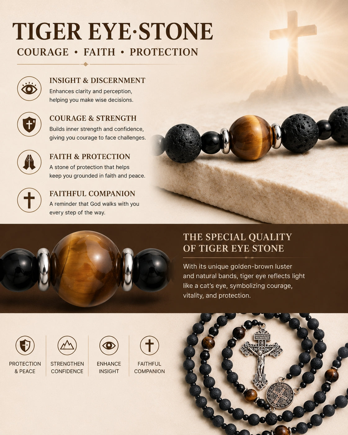 Natural Lava Stone & Tiger’s Eye Prayer Beads with Vintage-Style Crucifix |  Amen Artisan