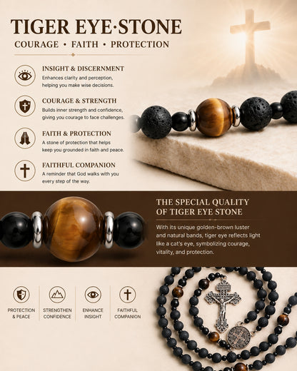 Natural Lava Stone & Tiger’s Eye Prayer Beads with Vintage-Style Crucifix |  Amen Artisan