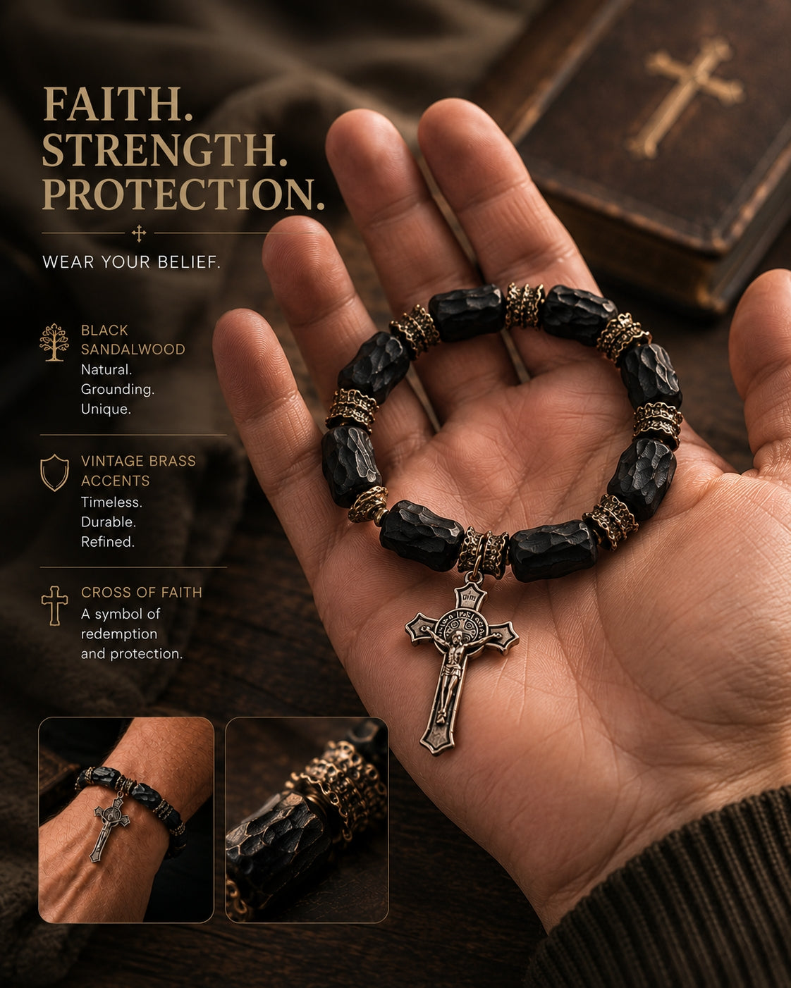 Black Sandalwood Brass Cross Bracelet – Faith, Strength & Protection |  Amen Artisan
