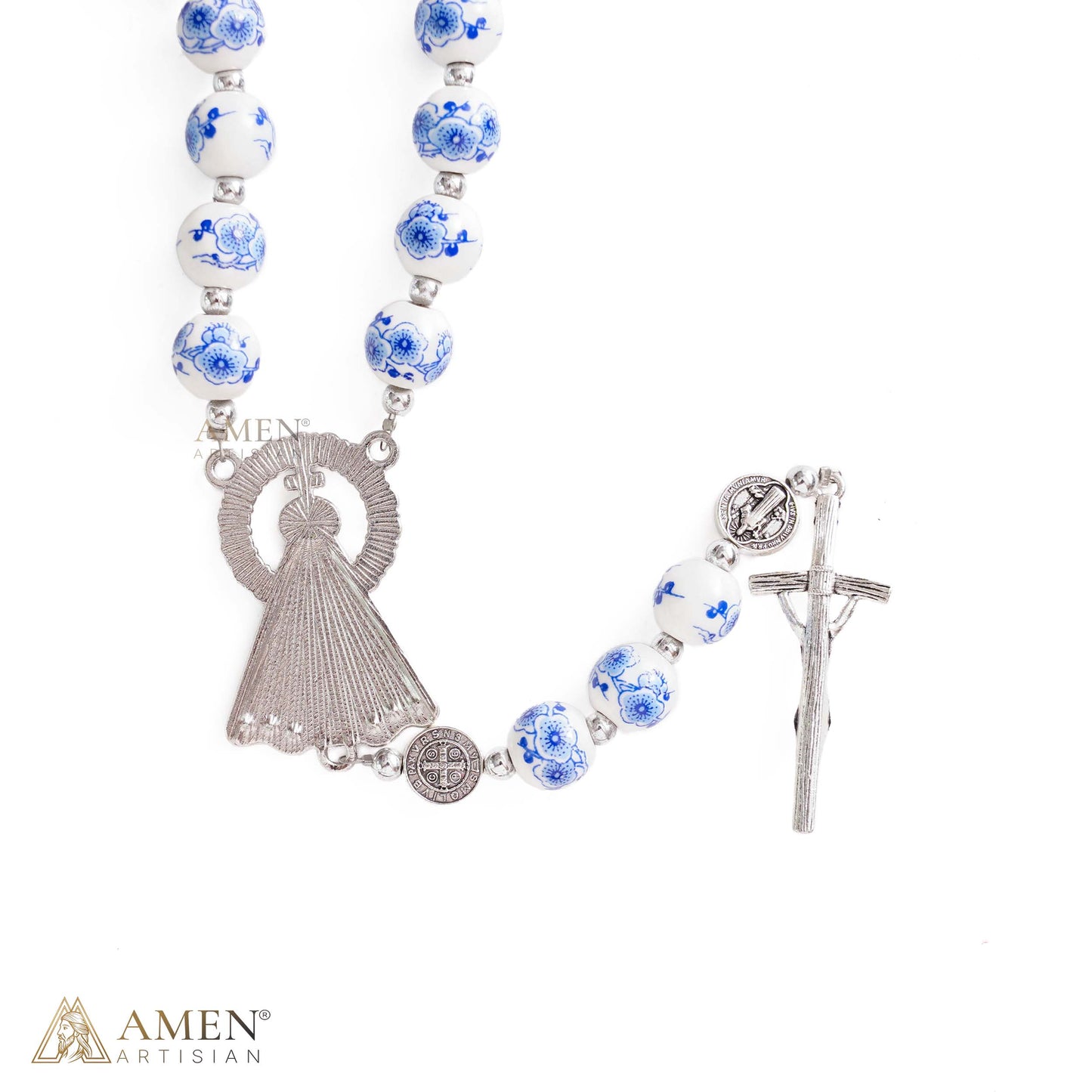【Limited-Time 50% off】Blue Floral Ceramic Rosary with Marian Pendant and St. Benedict Medals — Grace and Peace | Amen Artisan