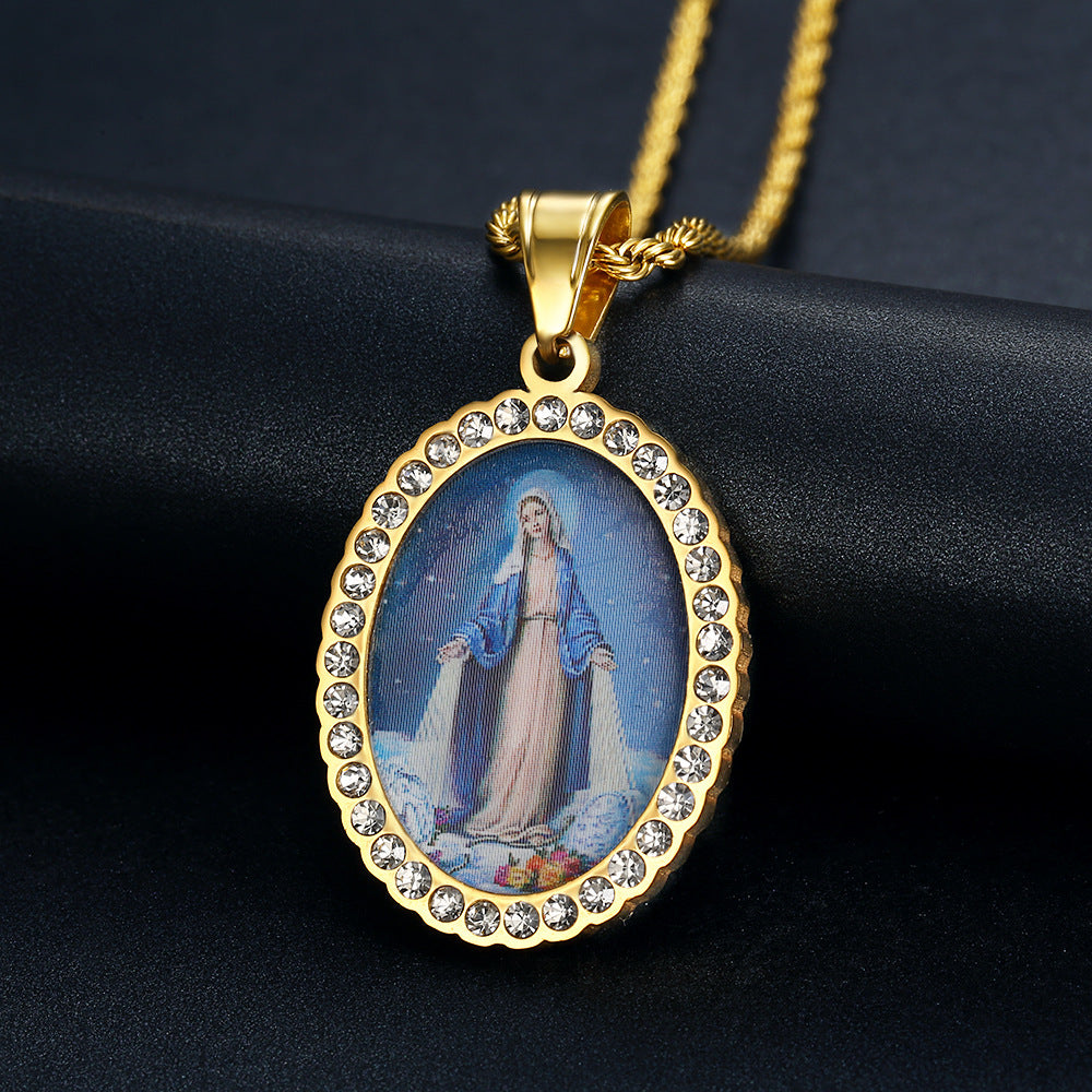 Holy Mother Photo Memorial Titanium Steel Zircon Necklace Amen Artisan