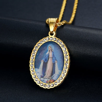 Holy Mother Photo Memorial Titanium Steel Zircon Necklace Amen Artisan