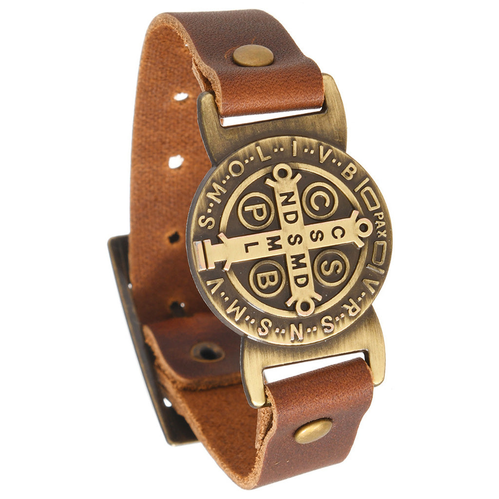 St. Benedict Leather Cuff Bracelet with Large Medal — Protection