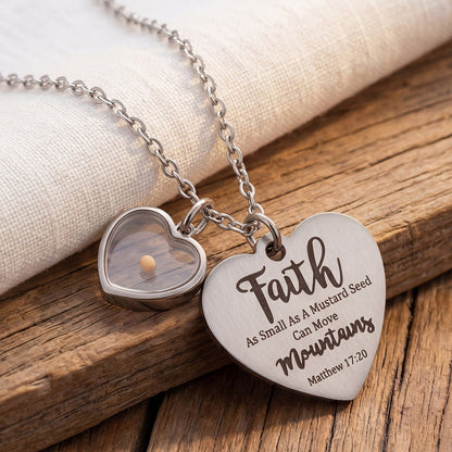 Faith Mustard Seed Heart Necklace with Matthew 17:20 Message