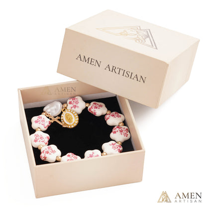 【Deal Today】Blue Floral Ceramic Flower Bracelet with Virgin Mary Pendant - Faith & Peace | Amen Artisan