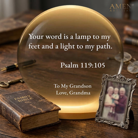 Personalized Scripture Crystal Ball Night Light - "Your Word Is a Lamp to My Feet" Psalm 119:105 Amen Artisan