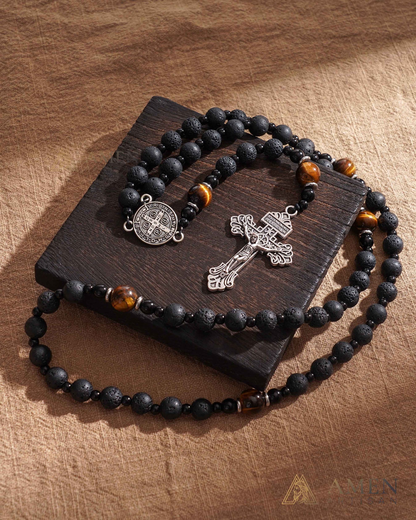 Natural Lava Stone & Tiger’s Eye Prayer Beads with Vintage-Style Crucifix |  Amen Artisan
