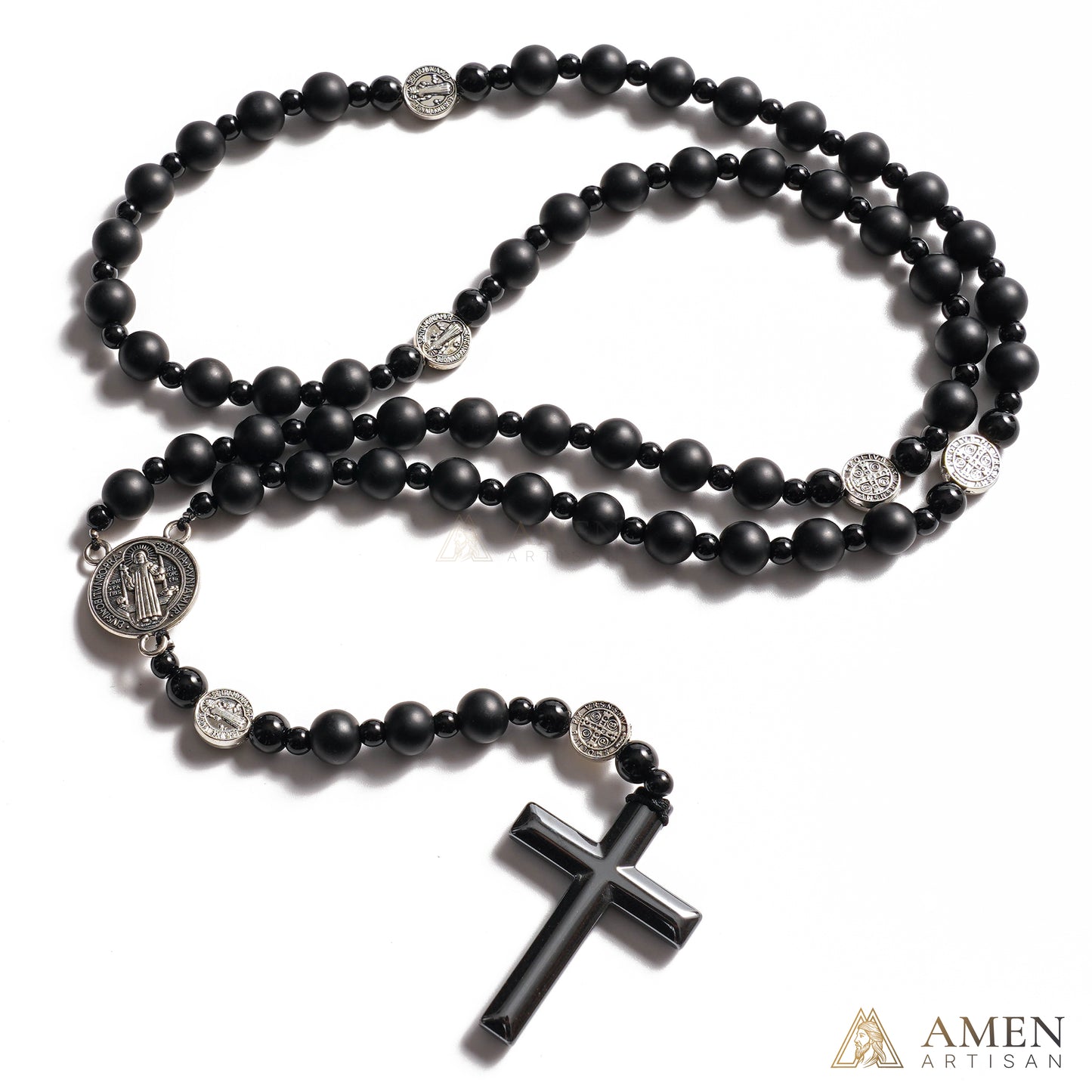 Black Agate St. Benedict Medal Prayer Beads Amen Artisan