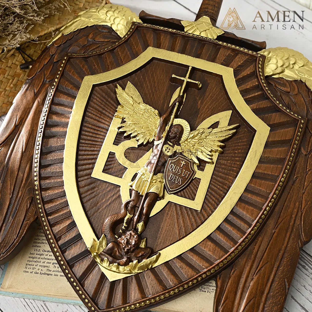 St Michael Wood Carving Amen Artisan
