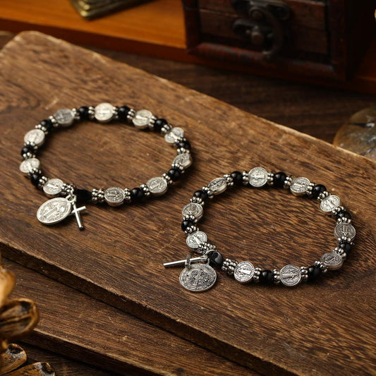 Hematite Beads Saint Benedict Medal Cross Elastic Cord Bracelet Amen Artisan