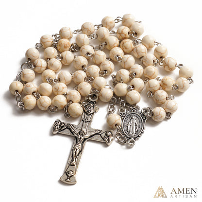 White Turquoise Miraculous Medal Rosary Amen Artisan