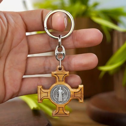 Olive Wood Saint Benedict Medal Keychain Amen Artisan