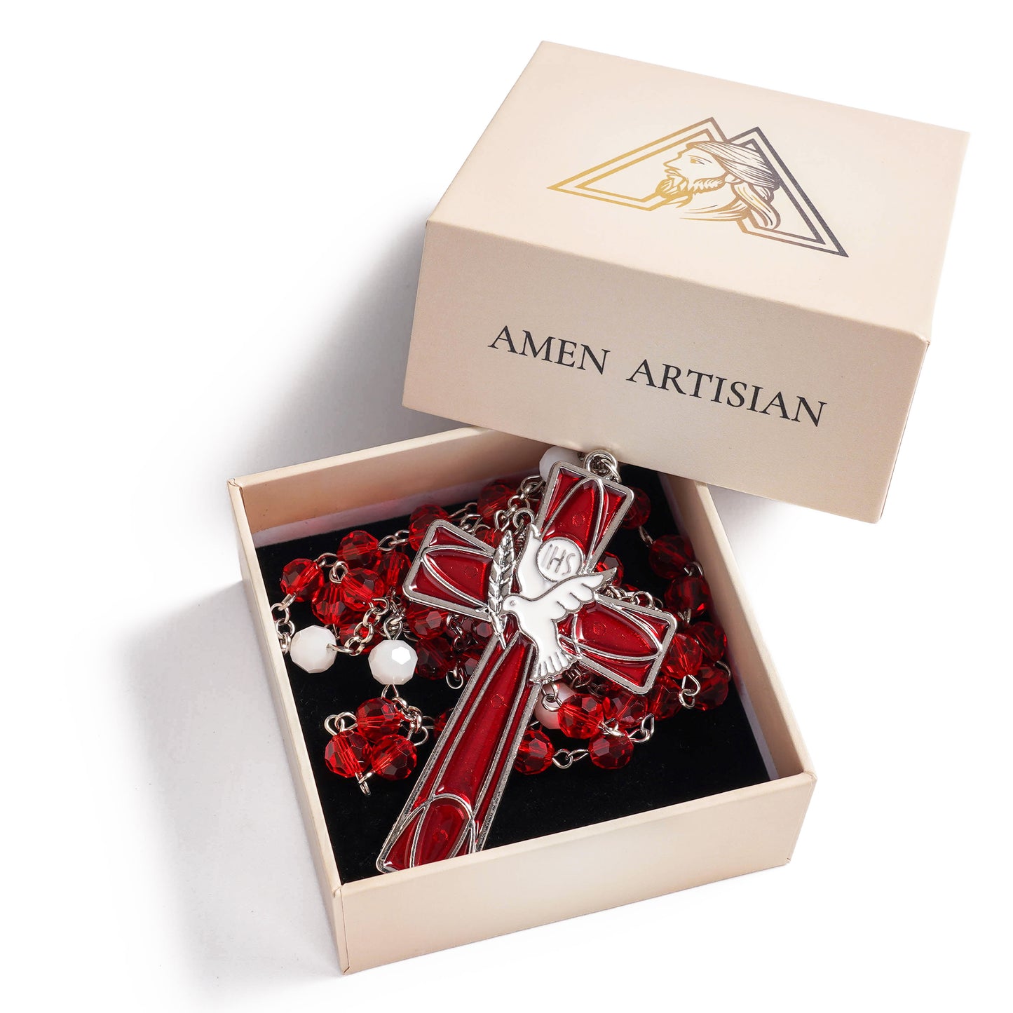 Dove of Peace" Holy Spirit Rosary – Radiant Crimson Faceted Beads with Enameled Peace Cross – A Prayer for Global Harmony & Strength
