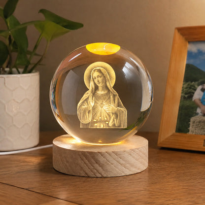 Virgin Mary Crystal Ball Night Light with Warm Wooden Base