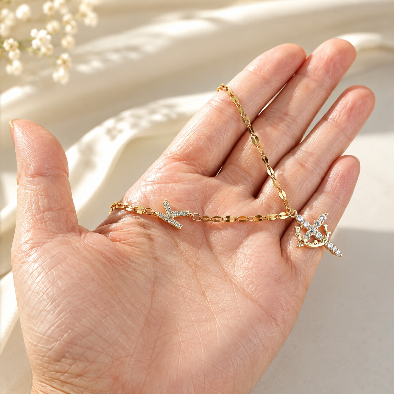 Sparkling Zircon Cross Necklace with A-Z Initial Charm