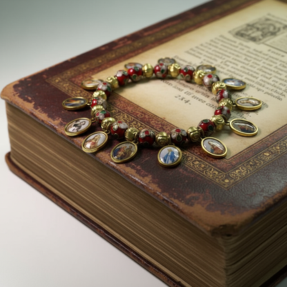 【Deal Today】Cloisonné Beads Saint Medal Stretch Bracelet Amen Artisan