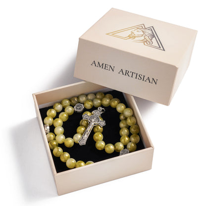 Olive Green Bead Stretch Rosary Bracelet with Cross Charm - Renewal, Comfort & Blessing |  Amen Artisan