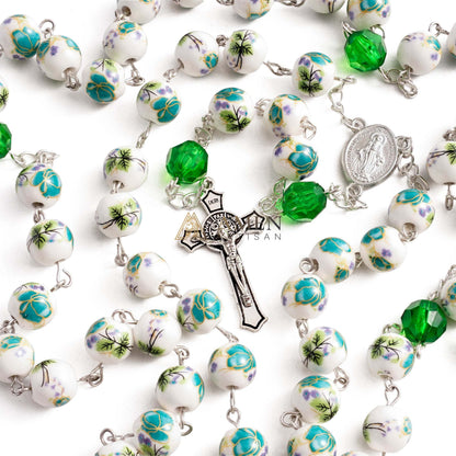 Cyan Floral Ceramic Rosary Amen Artisan