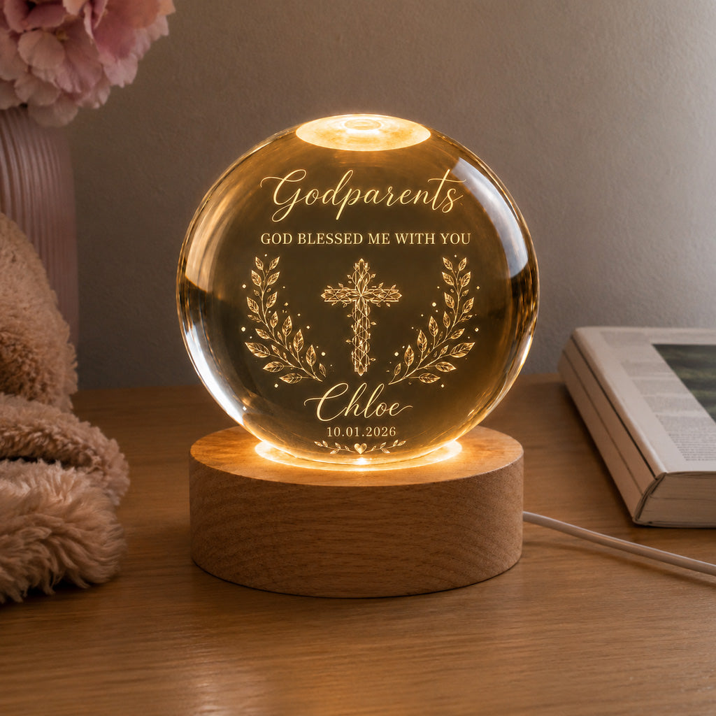 【Deal Today】Personalized Godparents Crystal Night Light with Cross, Name, and Date — Faith Keepsake