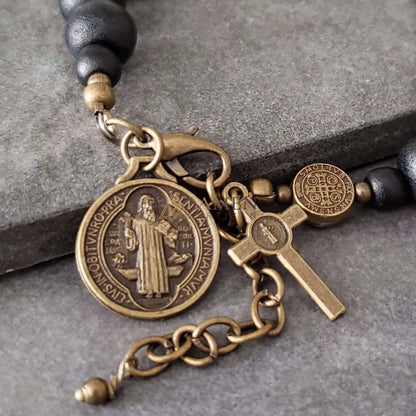Black Wood Beads Brass Saint Benedict Medal Adjustment Bracelet