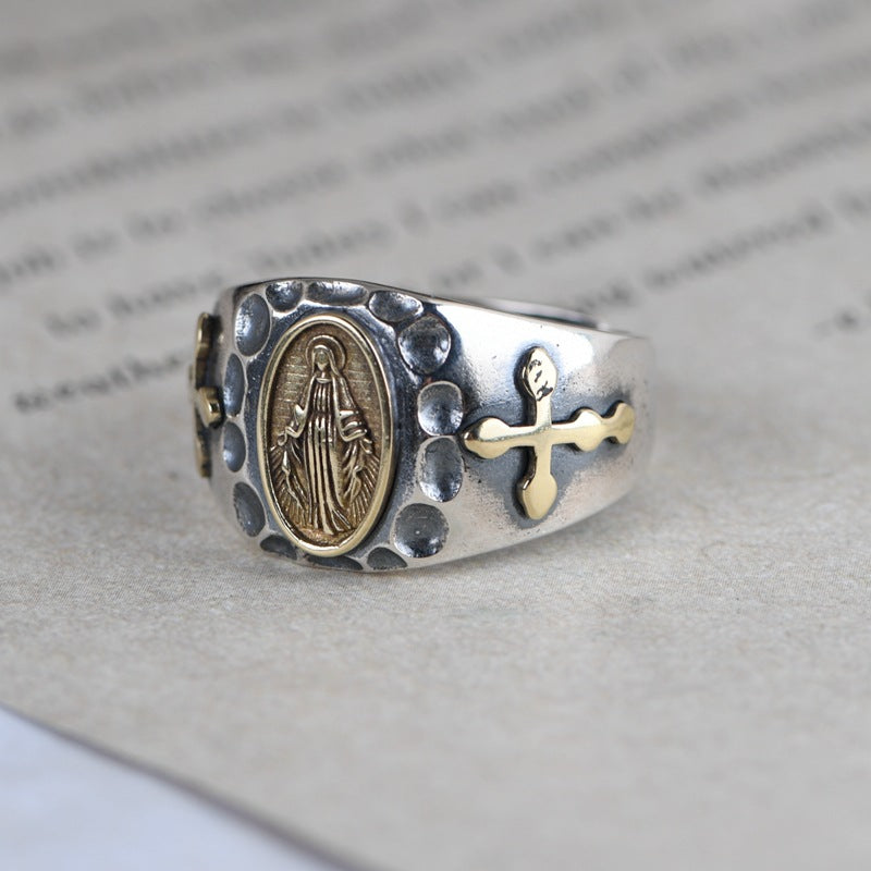 Miraculous Medal Cross Hammered 925 Silver Ring Amen Artisan