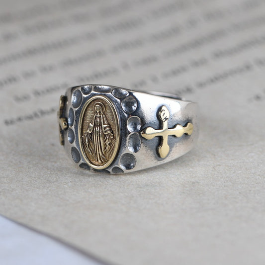Miraculous Medal Cross Hammered 925 Silver Ring Amen Artisan