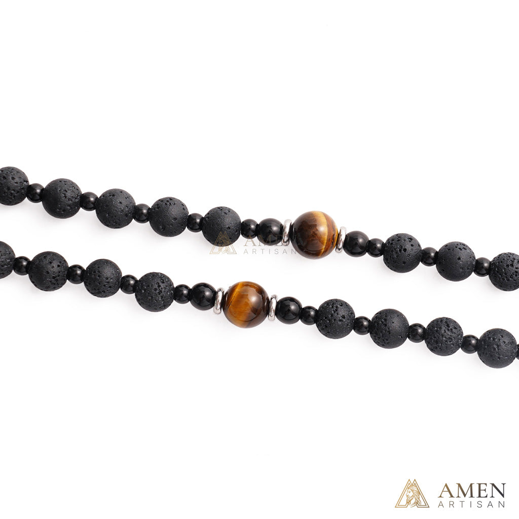 Natural Lava Stone & Tiger’s Eye Prayer Beads with Vintage-Style Crucifix |  Amen Artisan