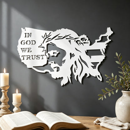 In God We Trust USA Metal Wall Art with Jesus Crown of Thorns — Faith