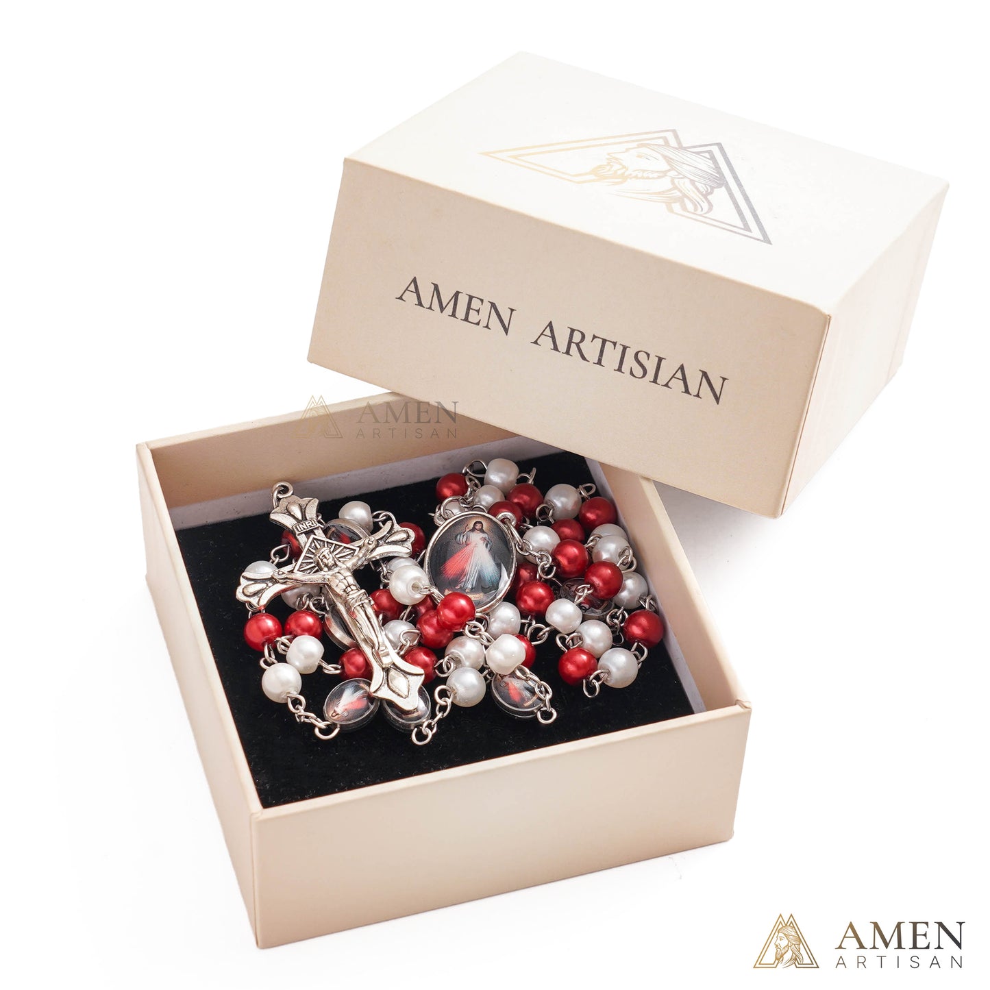 Divine Mercy Red & White Rosary with Crucifix - Faith & Protection | Amen Artisan