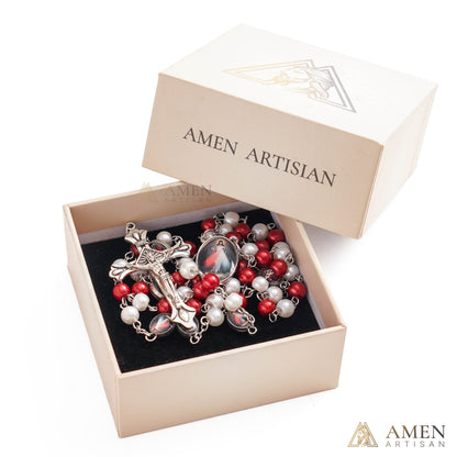 Divine Mercy Red & White Rosary with Crucifix - Faith & Protection | Amen Artisan