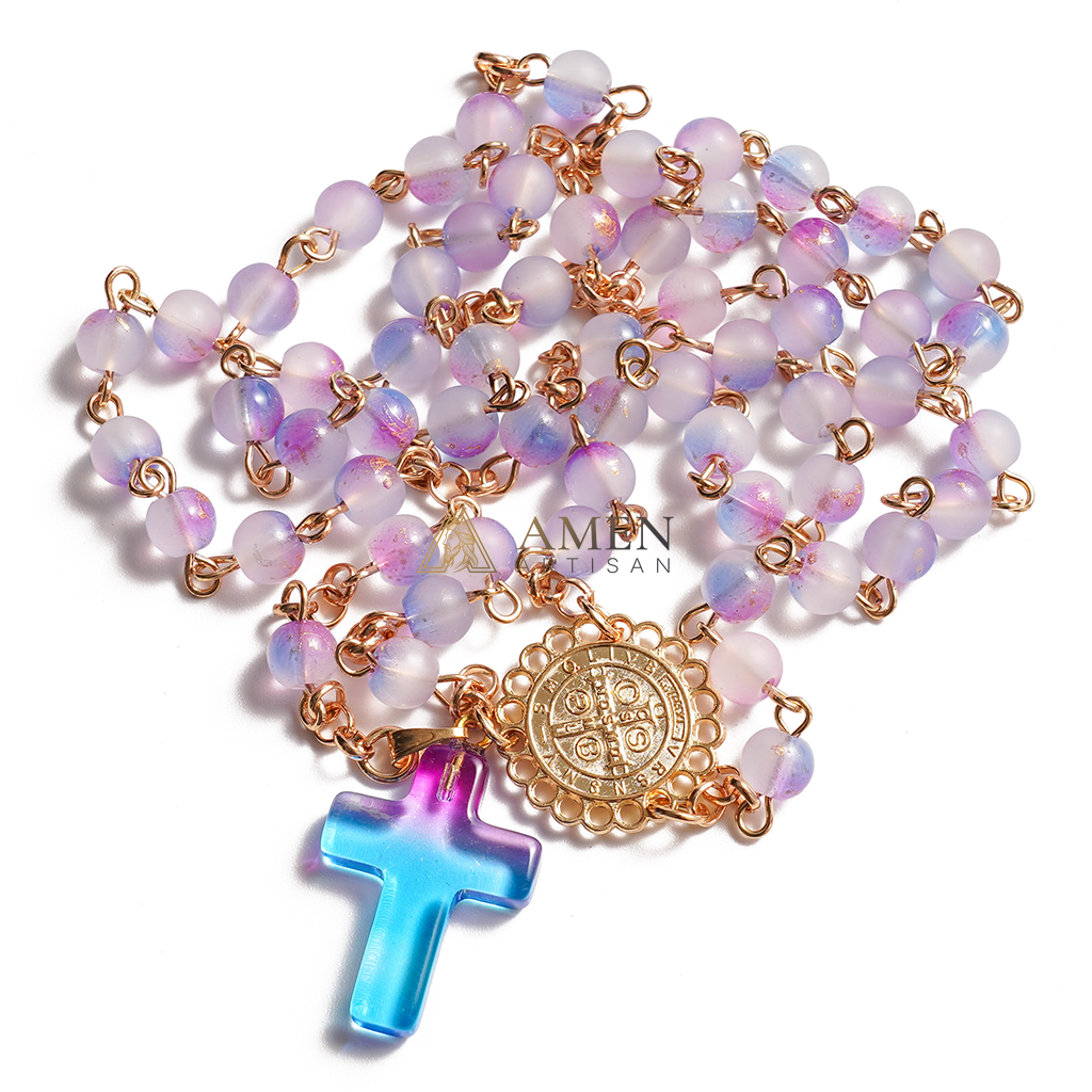 Handmade Purple Blue Gradient Rosary Necklace with Glass Cross and Devotional Medal |  Amen Artisan