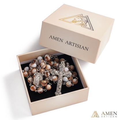 【Deal Today】Vintage Earth Tone Marble Catholic Rosary – Prayer Beads with Crucifix & Marian Medal