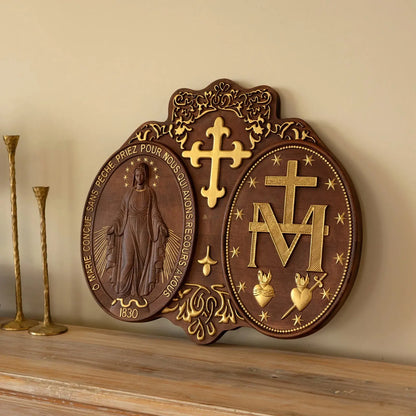 Miracle Medal Wood Carving Amen Artisan