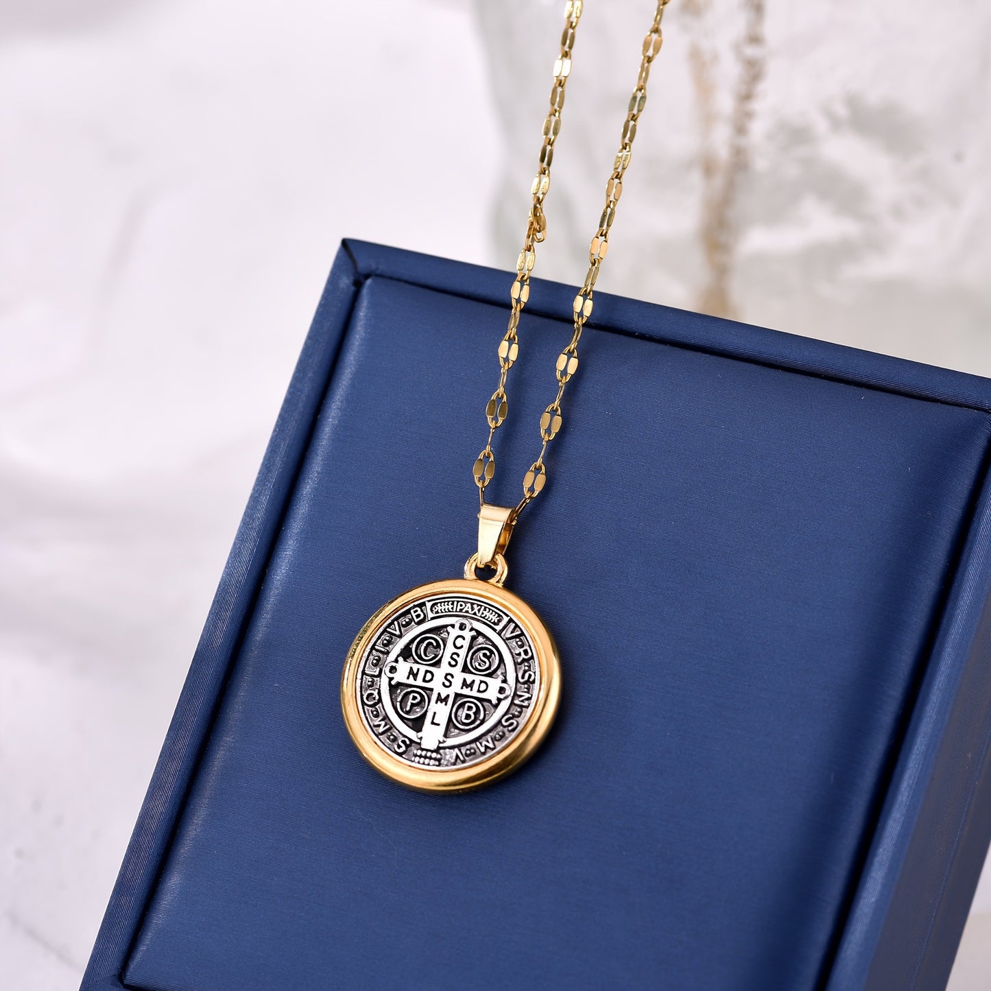 Gold Trim Saint Benedict Medal Necklace